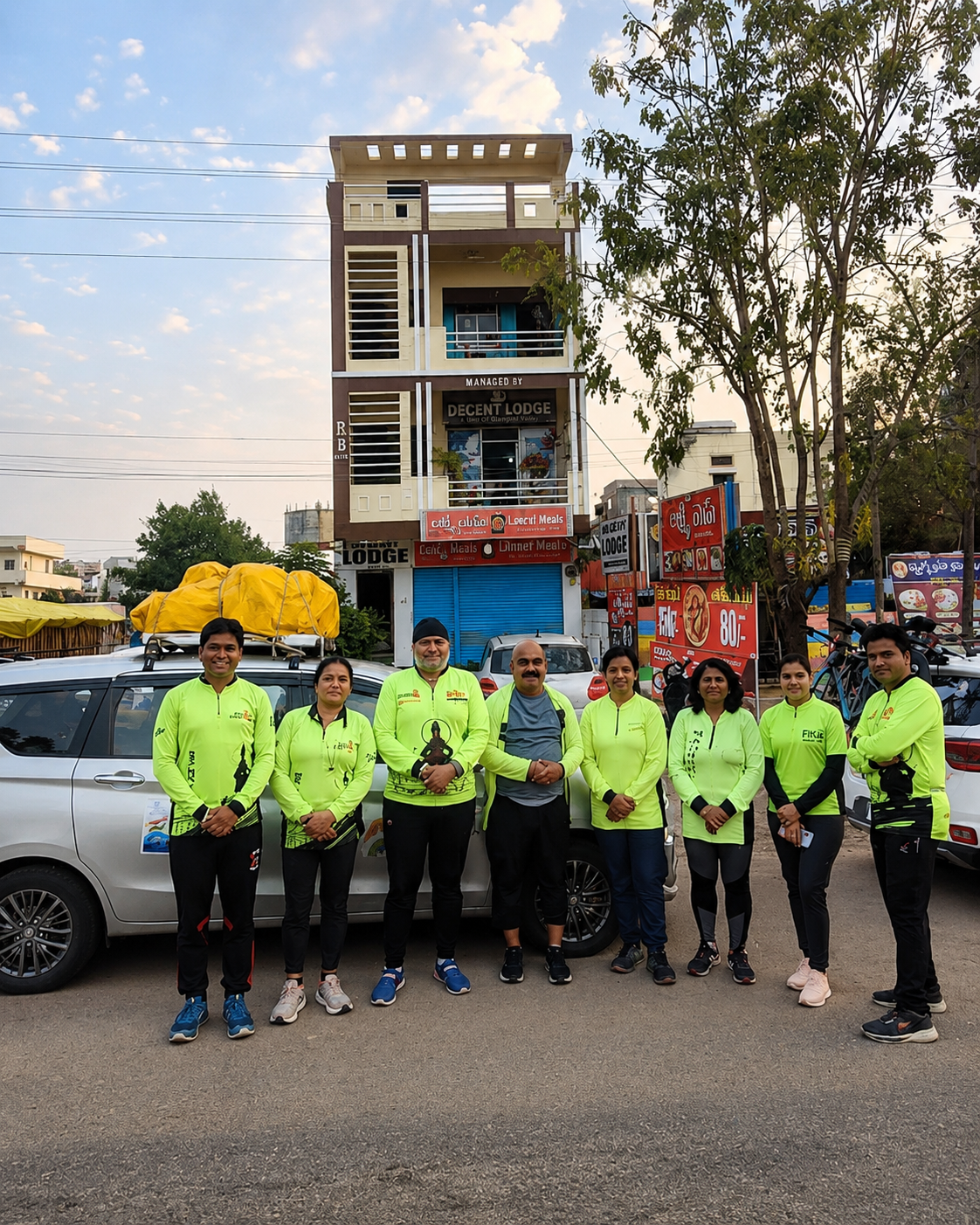 Touring cyclist group staying at Decent Lodge Kamareddy